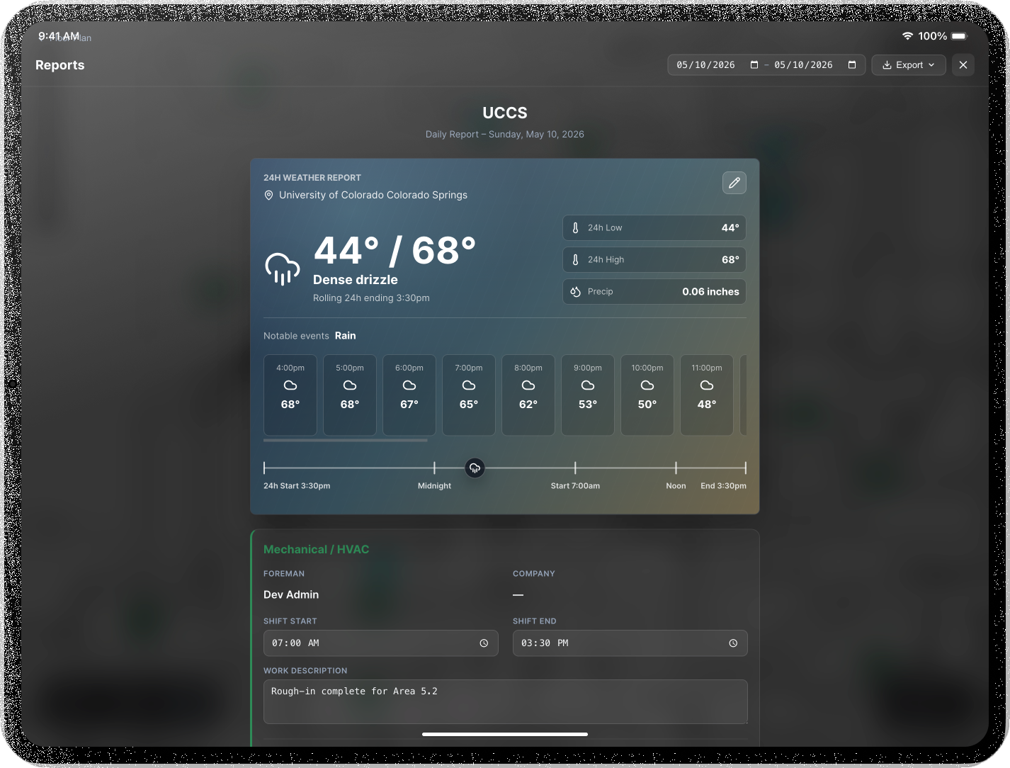 TradePlane daily report on iPad showing weather, crew shift times, and work description