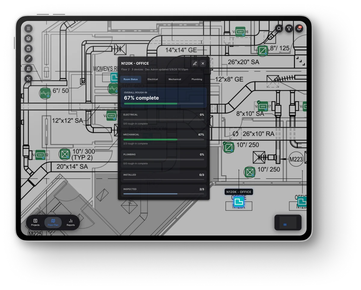 TradePlane on iPad showing device status and progress
