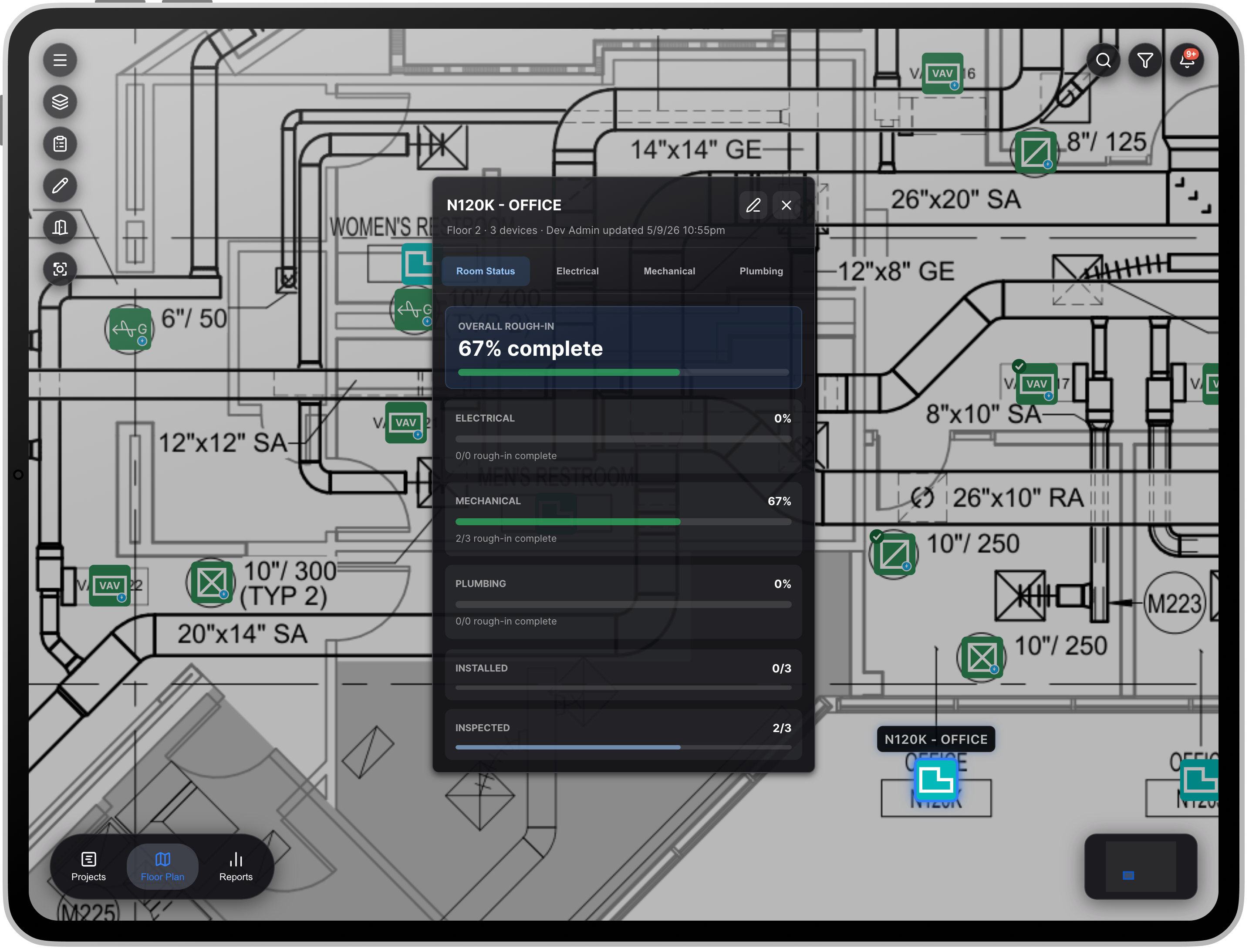 TradePlane floor plan with room status overlay showing trade progress on iPad