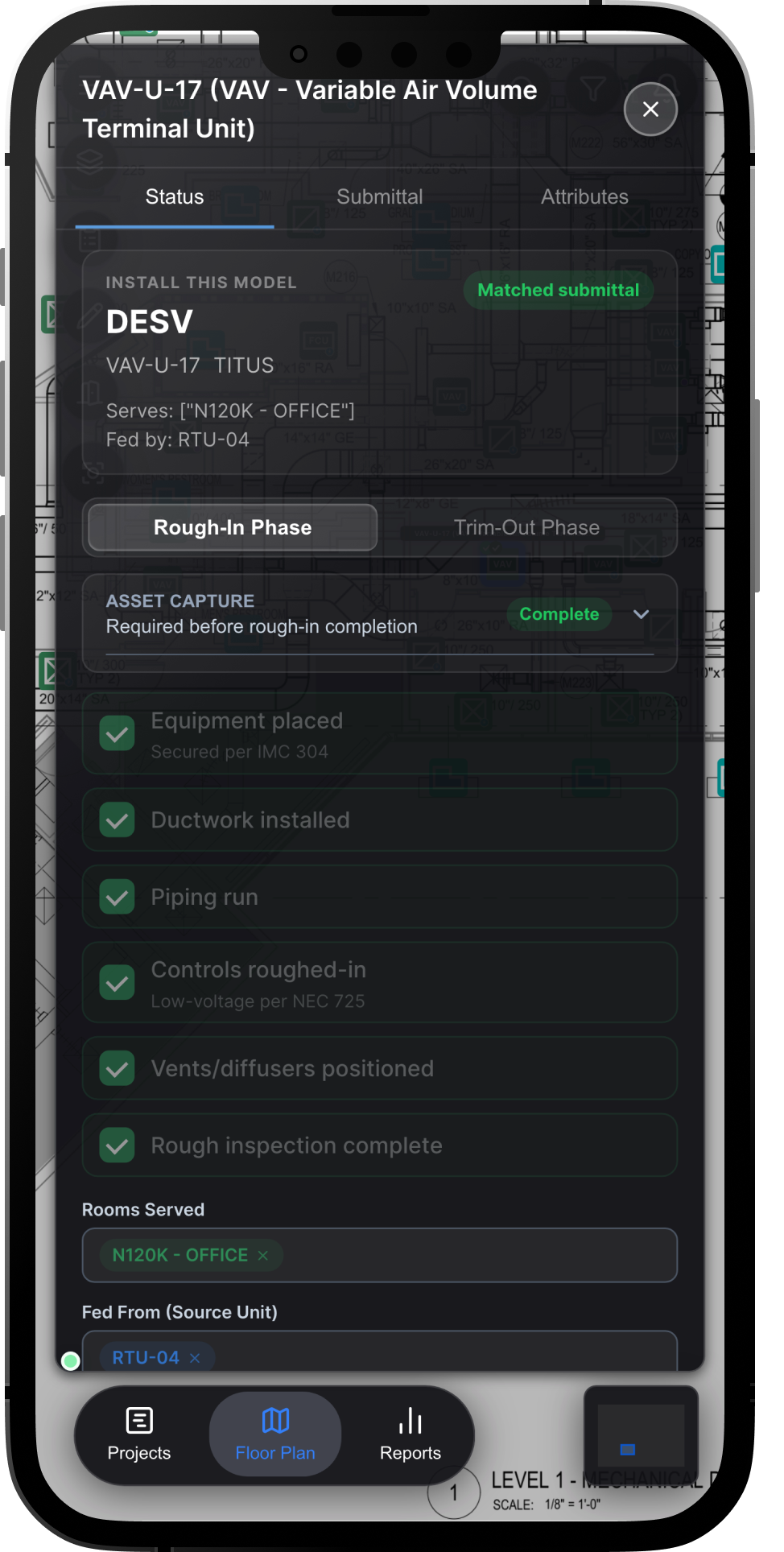 TradePlane device detail on iPhone showing VAV unit submittal match and asset capture checklist