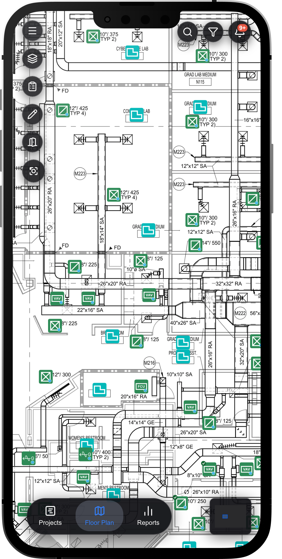 TradePlane floor plan view on iPhone showing MEPF overlay after QR scan